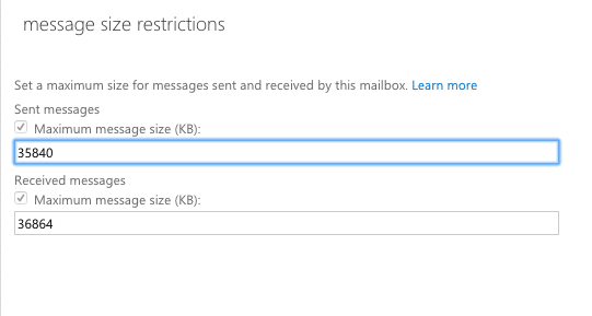 change message size limits in office 365