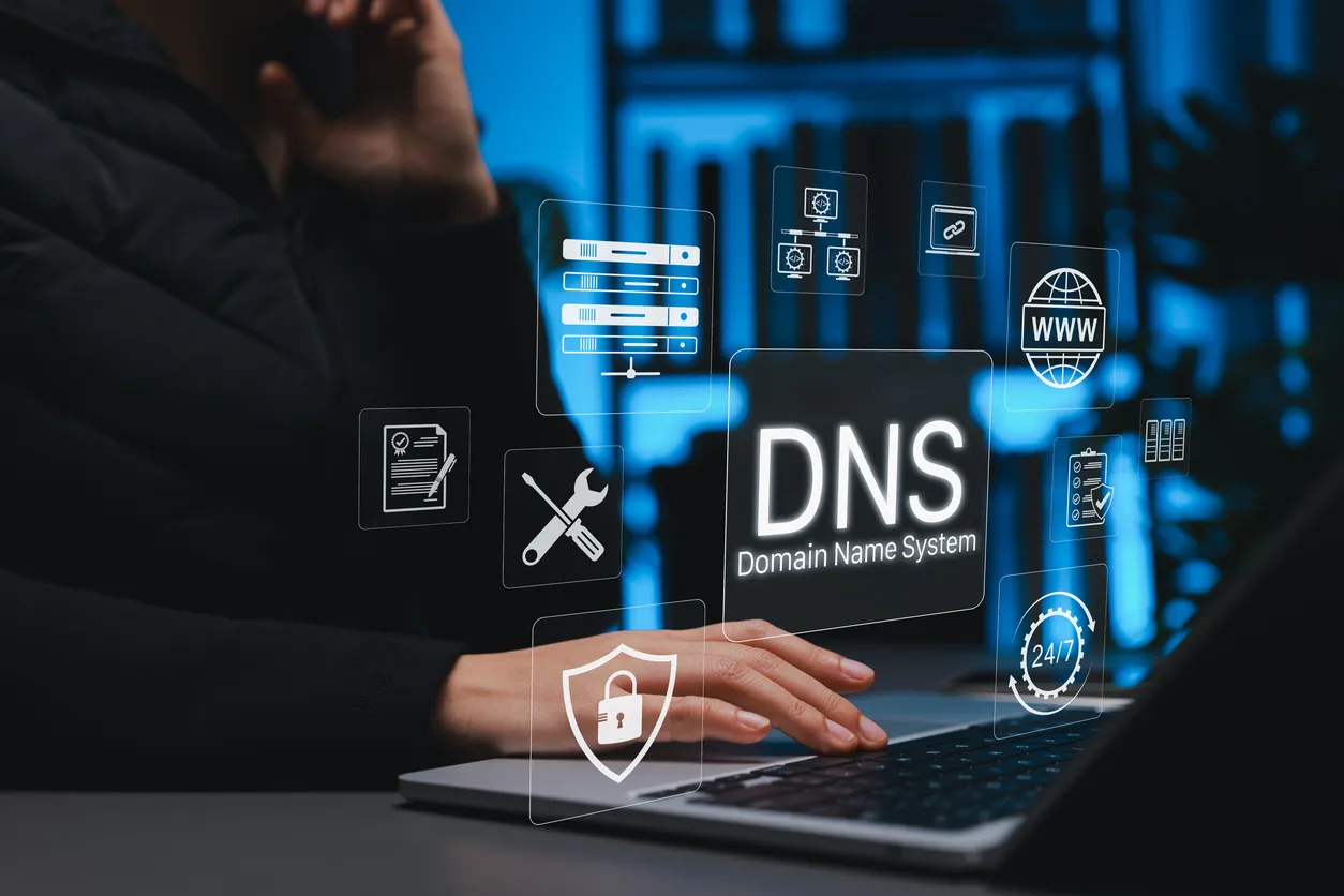 Laptop showing DNS and domain name system icons for email authentication