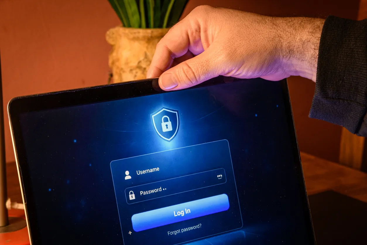 Laptop showing a conditional access sign-in check in a Sydney office