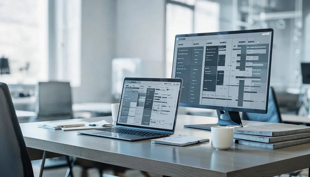 Accounting workflow being tracked automatically across job stages on a laptop and second monitor on an office desk