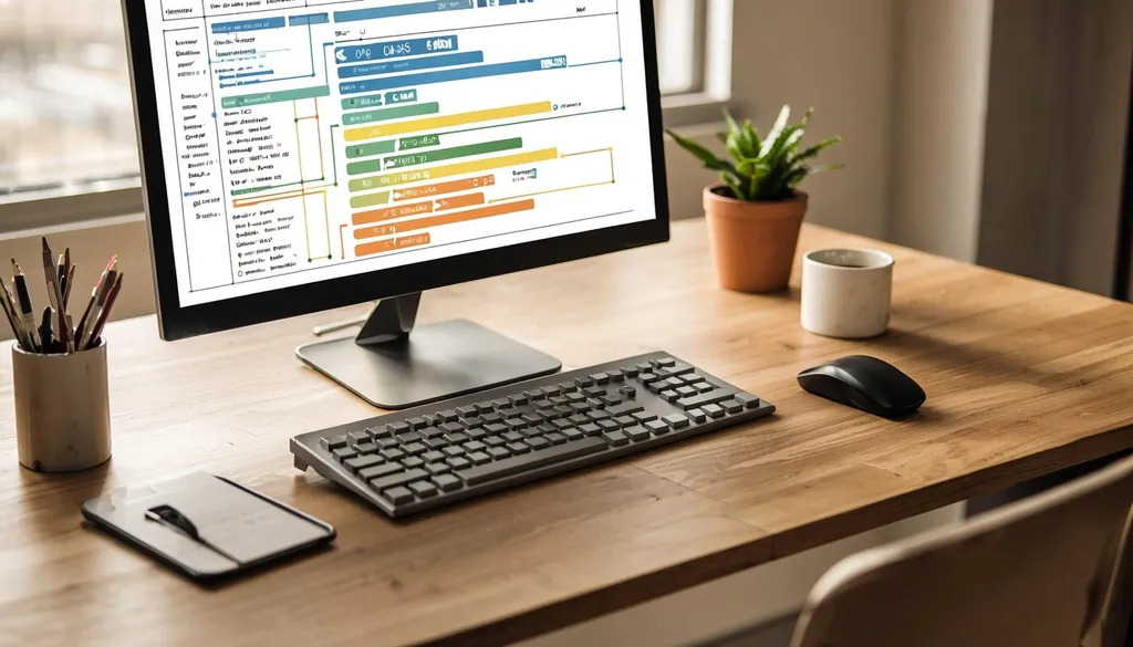 Office desk with a laptop showing an AI assistant working through a multi-step task