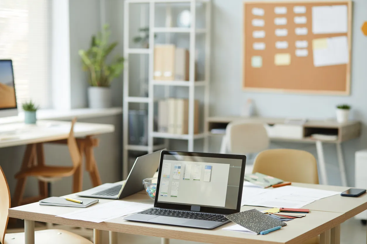 Office desk with laptop showing a workflow diagram during an AI planning session