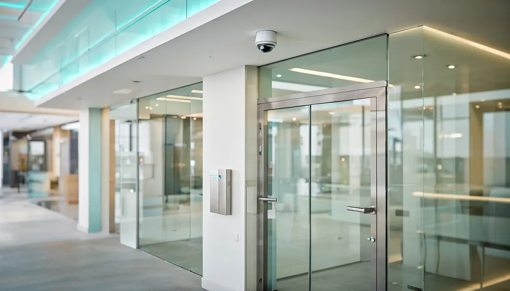 Office entrance with a dome security camera on the ceiling and a card reader beside a glass door