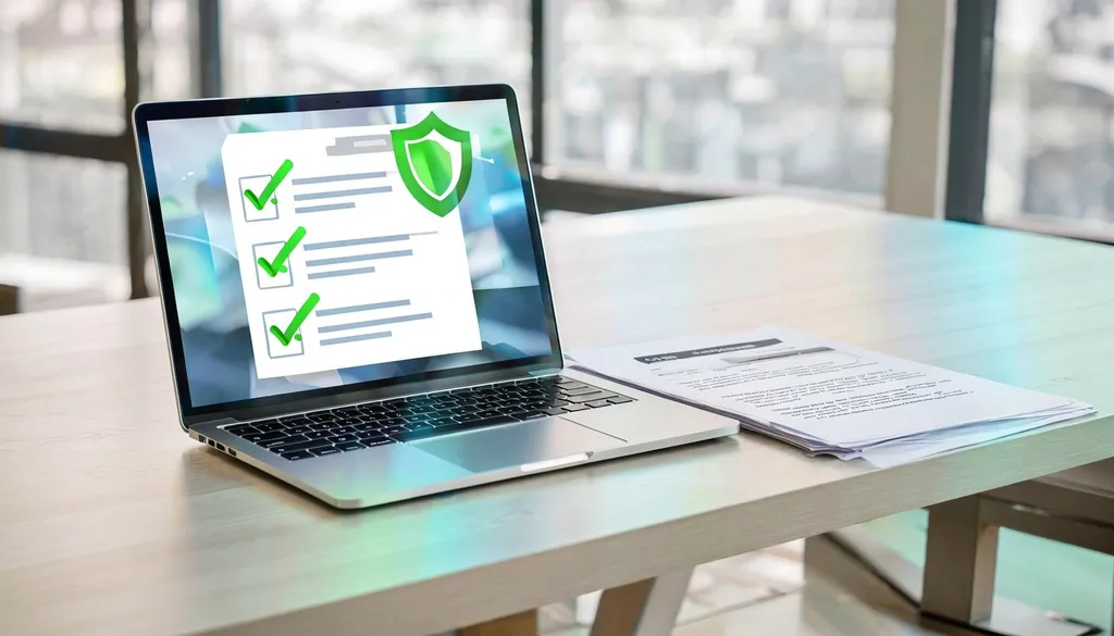 Laptop showing a security checklist with green ticks beside a printed policy-style document