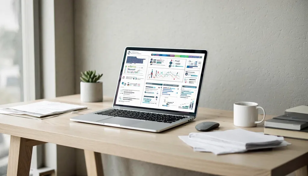 Small business office desk with a laptop showing connected business systems and a workflow overview