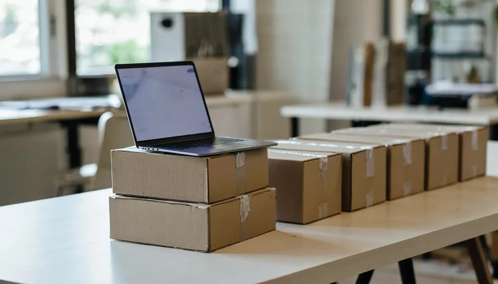 Row of new business laptops being set up on a clean desk
