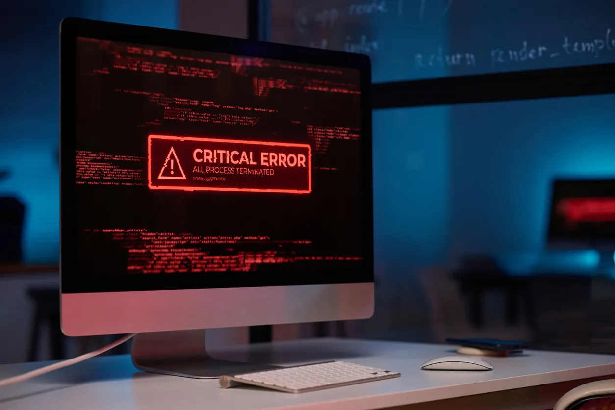 Office monitor showing an email inbox and security alert on a desk