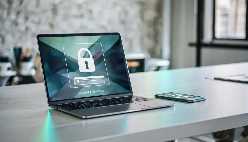 Laptop showing a secure sign-in screen with a smartphone authentication prompt beside it on a desk