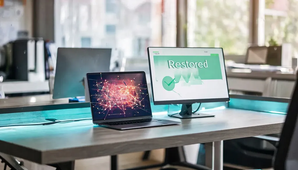Laptop showing a security alert being investigated with a second screen showing a restored status in green