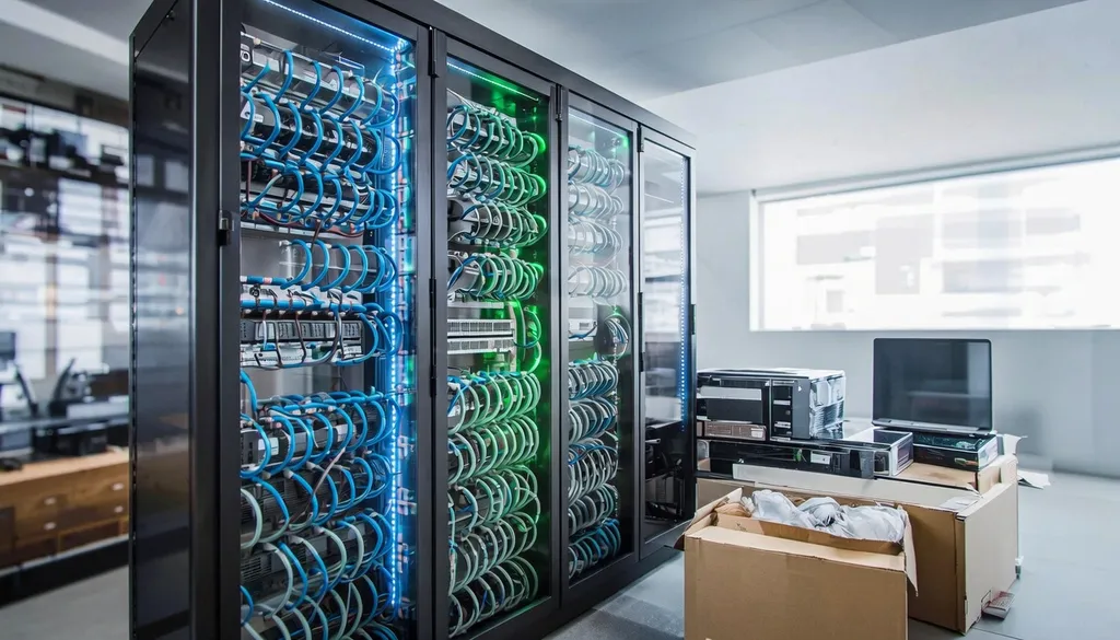 Server rack with neatly organised cabling alongside moving boxes and new equipment