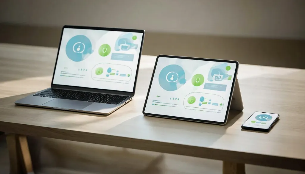 Laptop, tablet, and smartphone on a desk each showing a simple device management dashboard