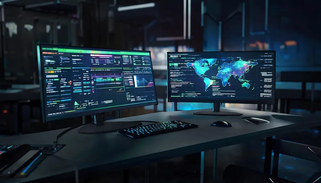 Security operations desk with monitors showing log dashboards and a world map threat view