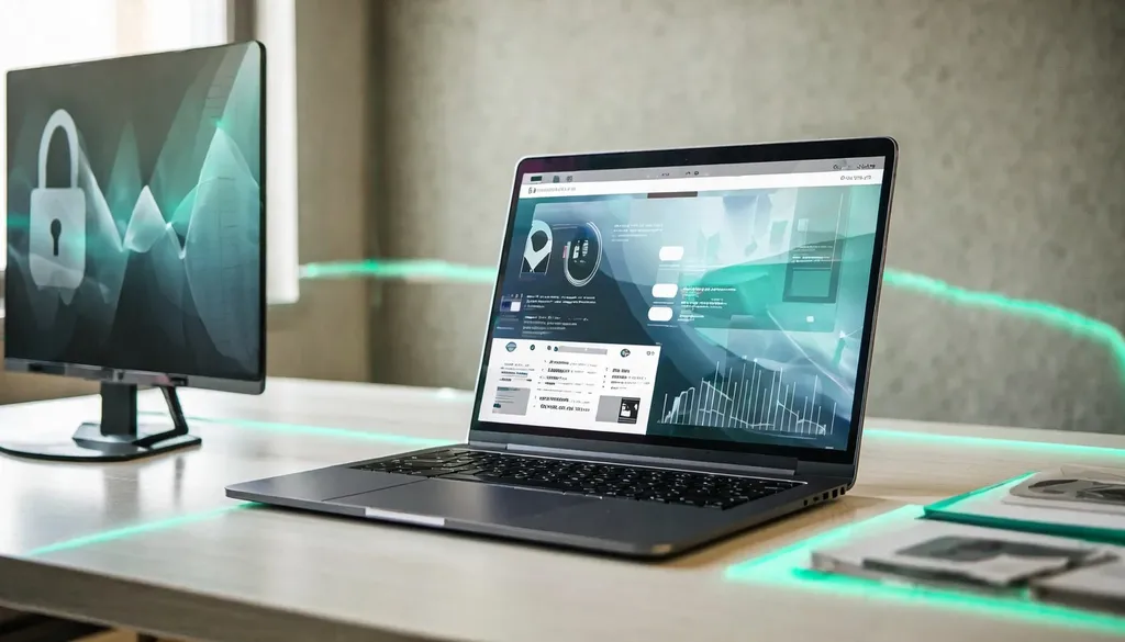 Laptop showing a fast modern website with a padlock and uptime graph on a second screen
