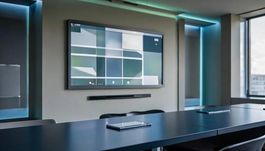 Meeting room with a wall-mounted display, camera bar, and touch console on the table