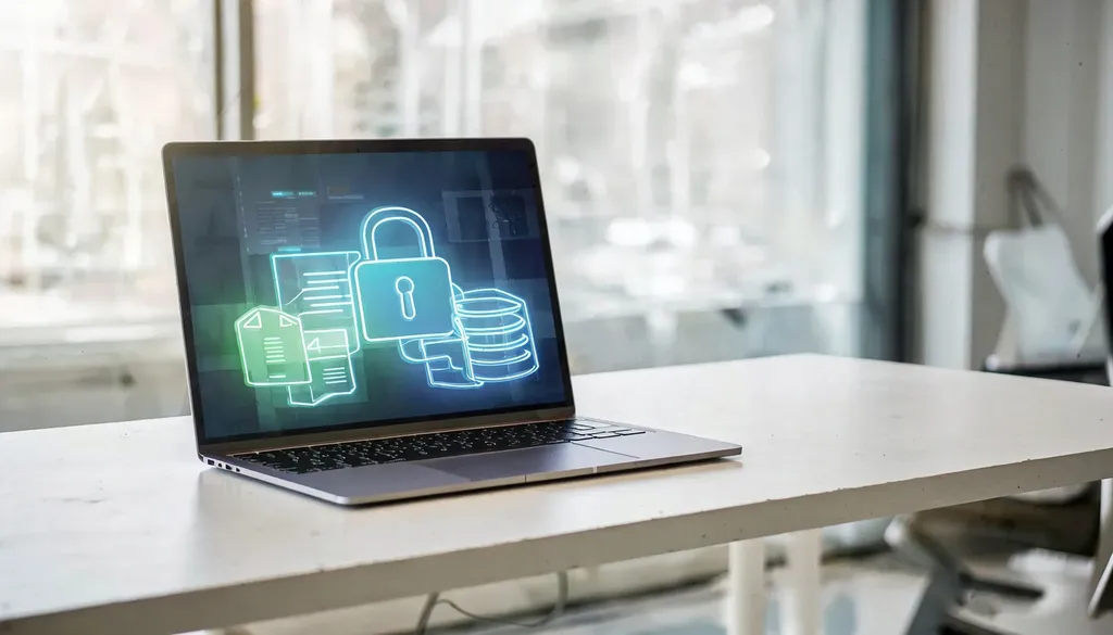 Laptop showing an abstract data protection interface with a padlock over document and database shapes
