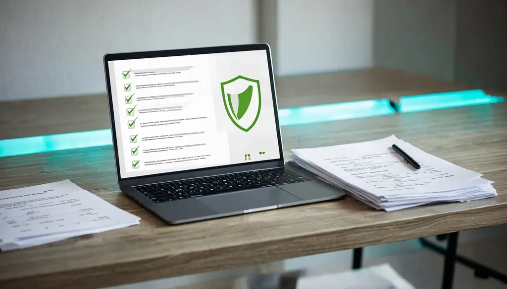 Laptop showing an abstract audit report with green tick marks beside a printed report and pen