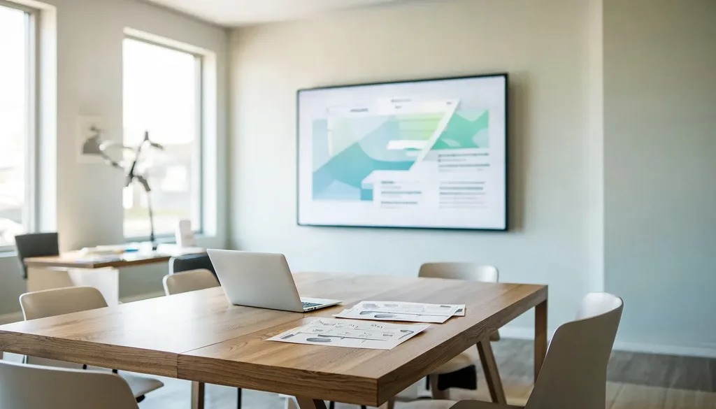 IT roadmap and strategy documents on a meeting room table with a wall screen showing a technology timeline