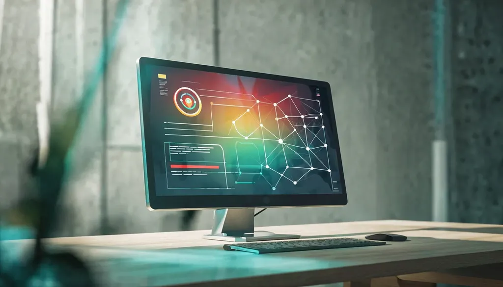 Computer monitor showing an abstract vulnerability dashboard with colour-coded risk indicators