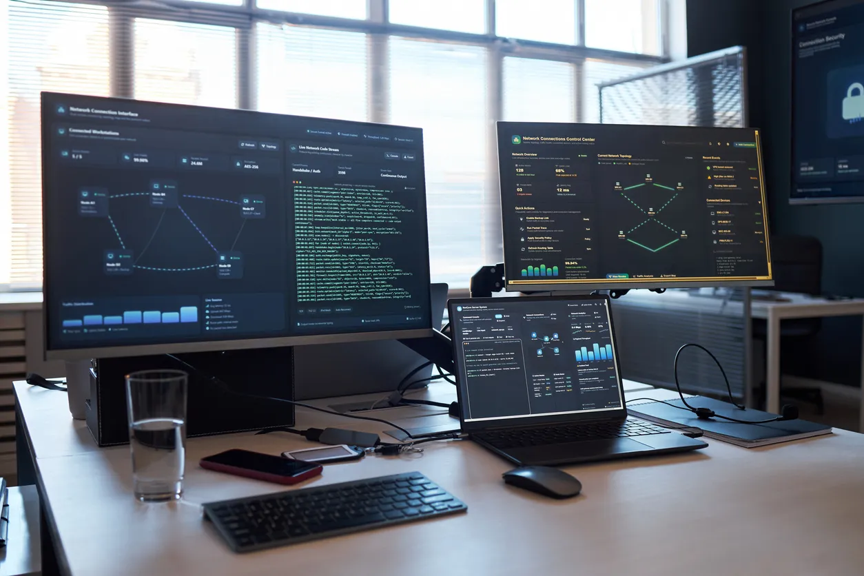 Monitor displaying a system scan results list in an office