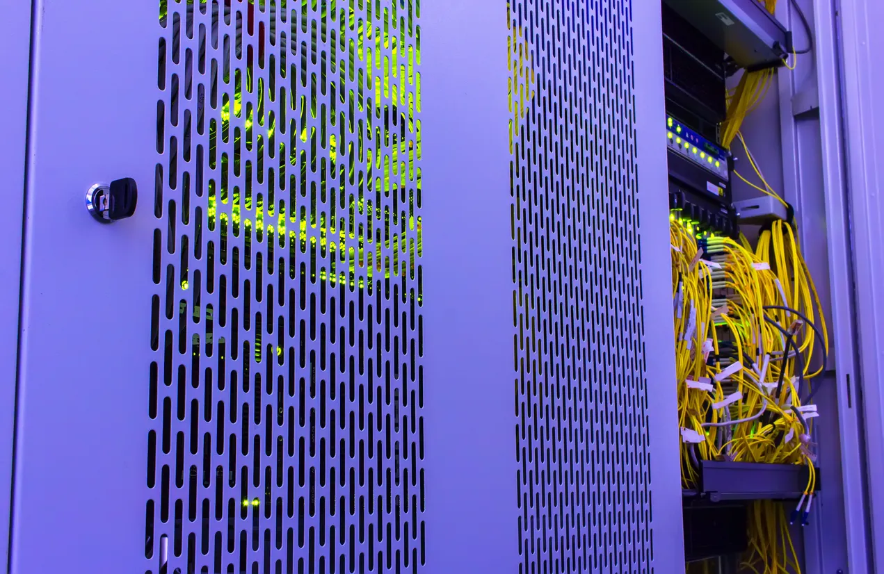 Business network infrastructure components in an office comms cabinet: firewall, switch, and patch panel.