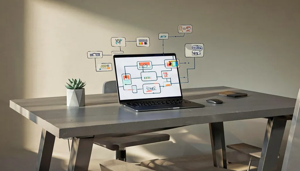 Laptop on an office desk showing a visual workflow automation diagram connecting several business apps
