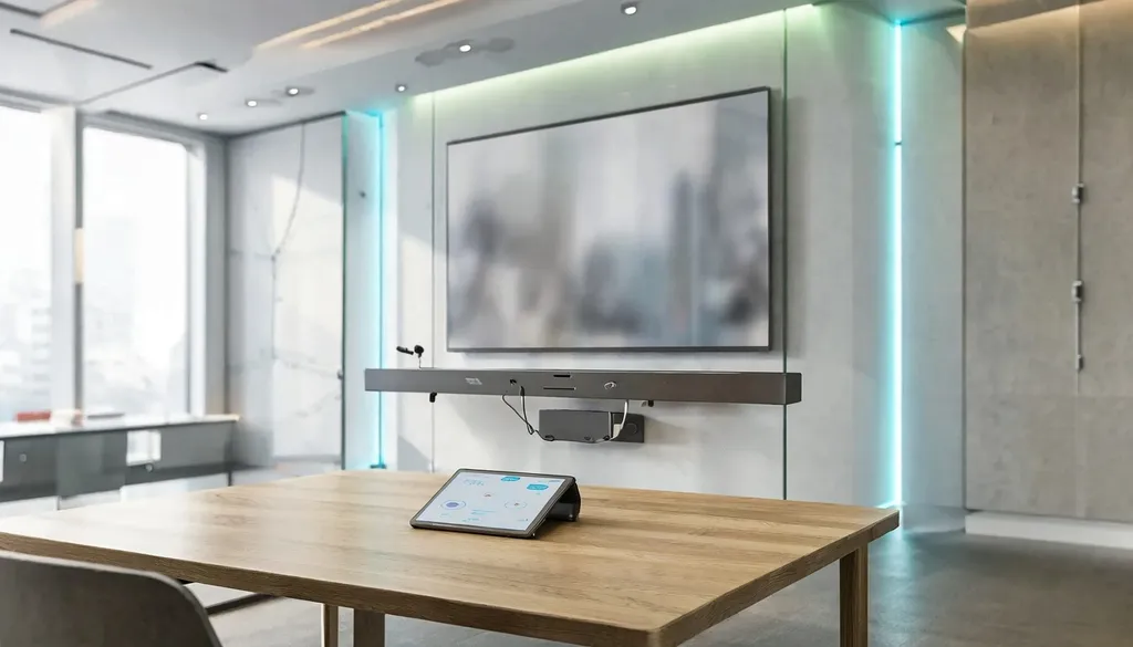 All-in-one video conferencing bar mounted beneath a wall display in a modern meeting room