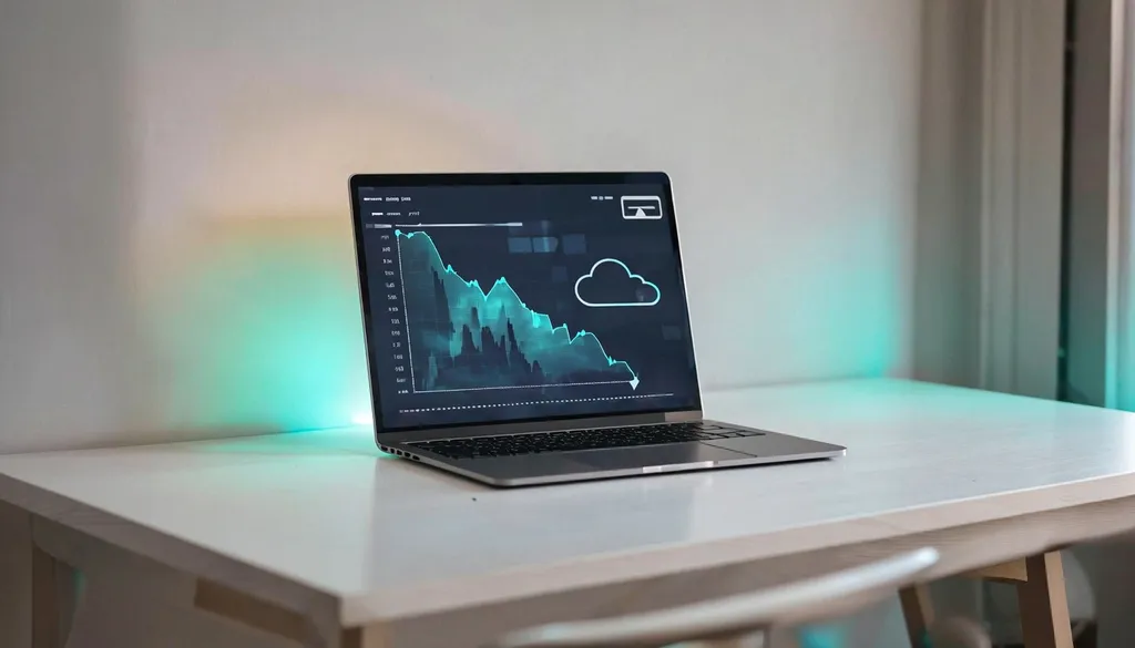 Laptop showing a cloud cost dashboard with a spending line trending downward