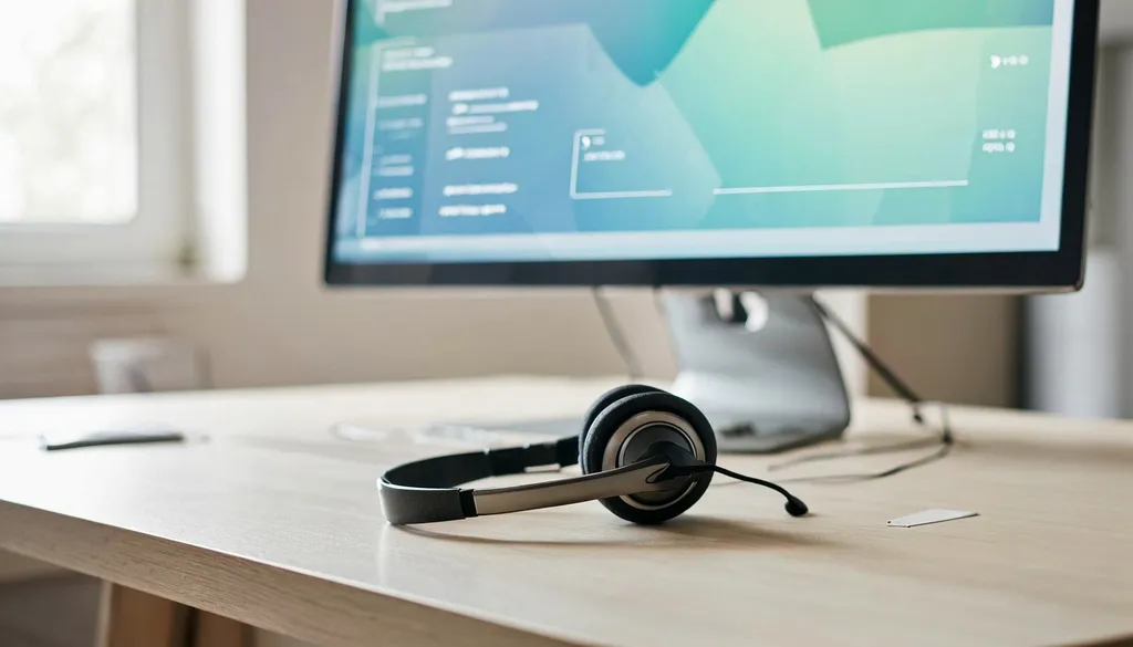 Headset on a desk with a monitor showing a call queue and wait time dashboard