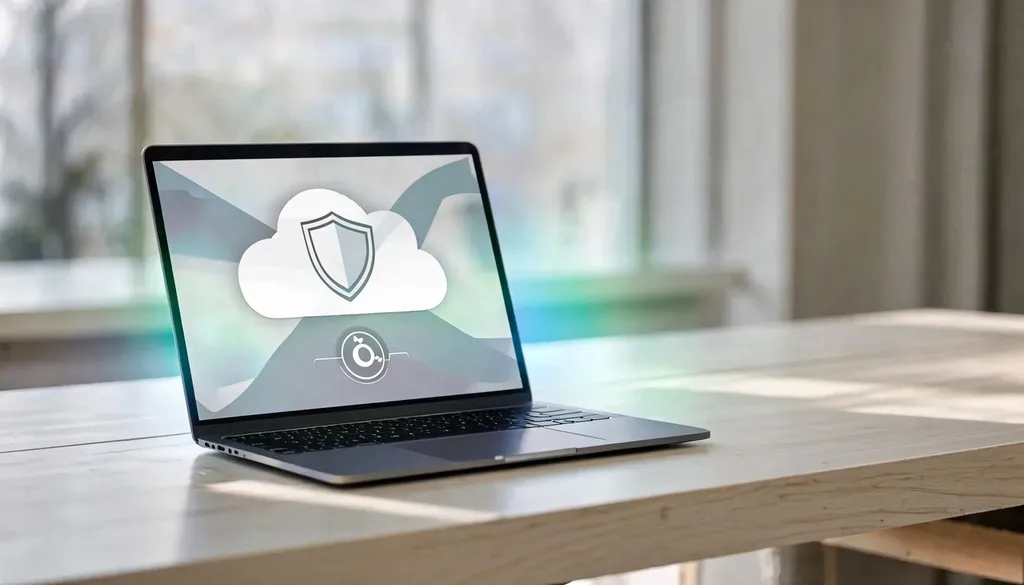 Laptop showing a cloud backup interface with a shield and restore icon
