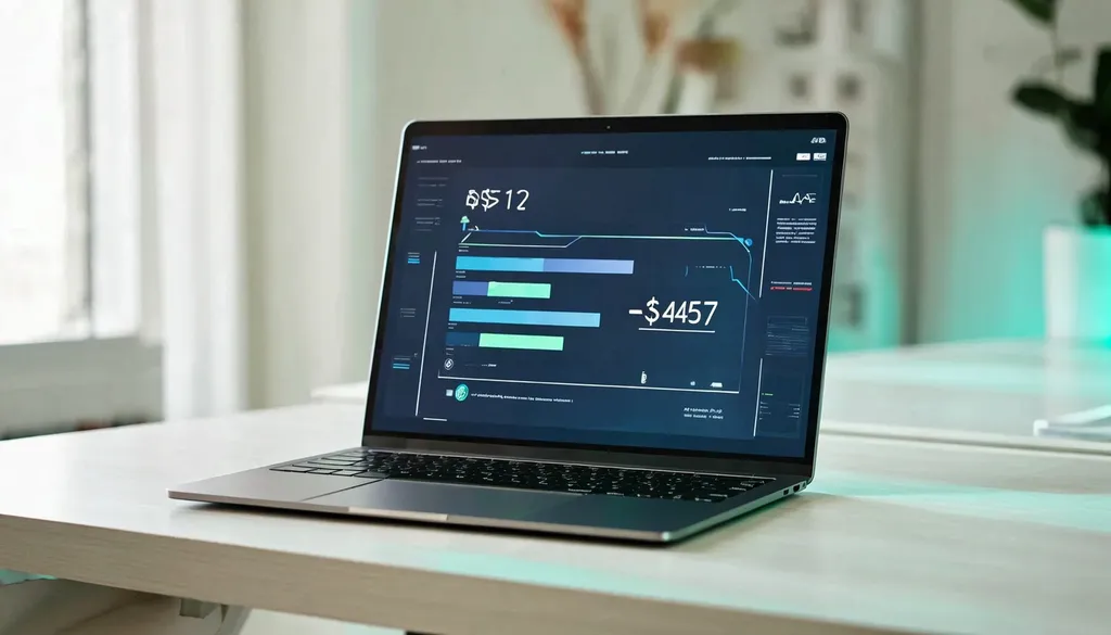 Laptop showing a software licence inventory dashboard with usage bars and a cost figure trending down