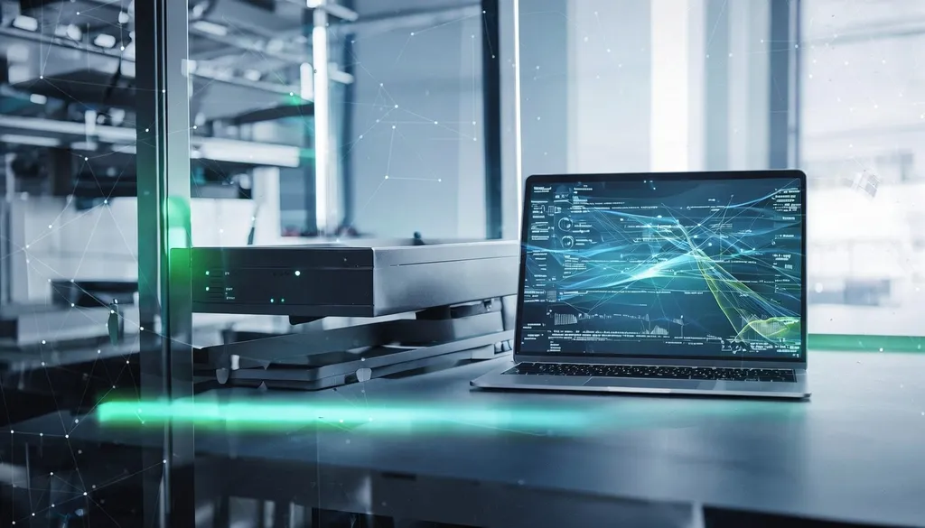 Rack-mounted network security appliance with a laptop showing a network traffic dashboard