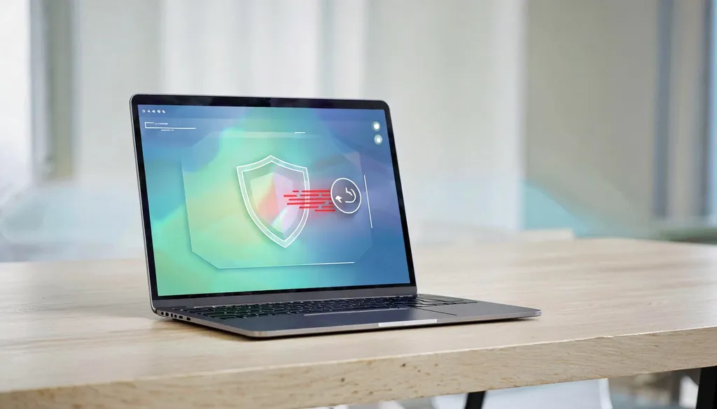 Laptop showing an endpoint protection dashboard with a shield blocking a threat