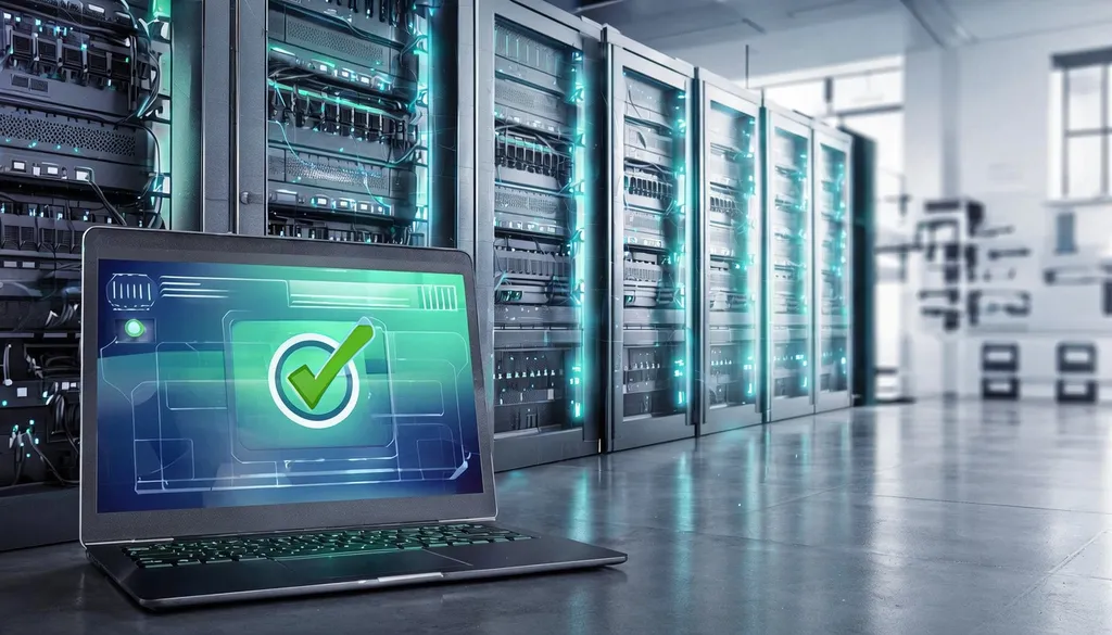 Server room with a laptop showing a backup and restore dashboard with a green success tick