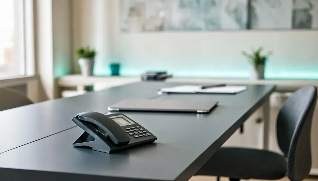 Business desk phone on an office desk with a laptop out of focus